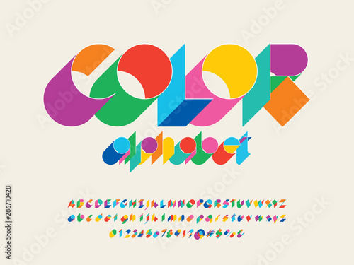 Colorful stylized alphabet design with uppercase, lowercase, numbers and symbols