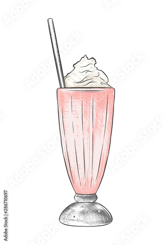 Vector engraved style illustration for posters, decoration, menu, logo and print. Hand drawn sketch of milkshake in colorful isolated on white background. Detailed vintage woodcut style drawing.
