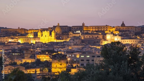 Panoramic view of the Baroque old town of Noto, in the light of sunset, in Sicily Italy.