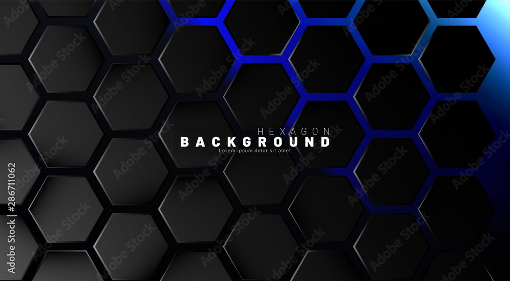 Abstract black hexagon pattern on blue neon background technology style. Honeycomb. Vector illustration Abstract black hexagon pattern on blue neon background technology style. Honeycomb. Vector illustration