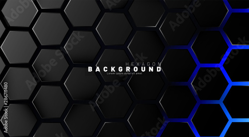 Abstract black hexagon pattern on blue neon background technology style. Honeycomb. Vector illustration