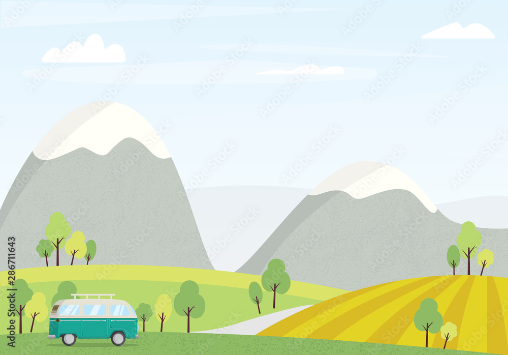 Vector landscape. fields and van. Road trip. Vacation Vector landscape. fields and van. Road trip. Vacation
