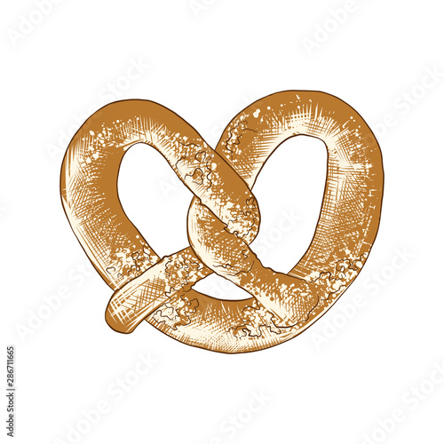 Vector engraved style illustration for posters, decoration, logo and print. Hand drawn sketch of pretzel with sesame in colorful isolated on white background. Detailed vintage woodcut style drawing.