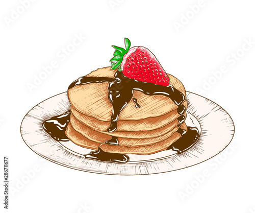 Vector engraved style illustration for posters, menu, decoration and print. Hand drawn sketch of colorful pancakes on the plate isolated on white background. Detailed vintage woodcut style drawing.