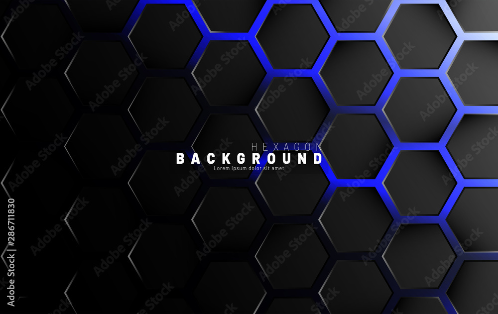 Abstract black hexagon pattern on blue neon background technology style. Honeycomb. Vector illustration Abstract black hexagon pattern on blue neon background technology style. Honeycomb. Vector illustration