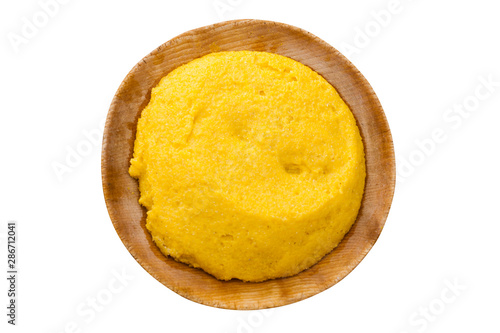 polenta made from corn flower. Romanian traditional food isolated on white