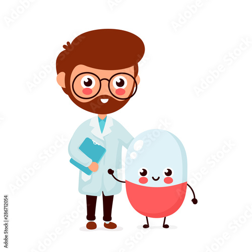 Cute funny smiling doctor and happy pill