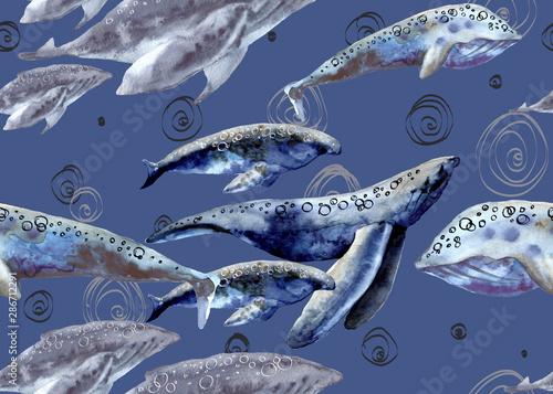 Background with sea whales. Seamless pattern.