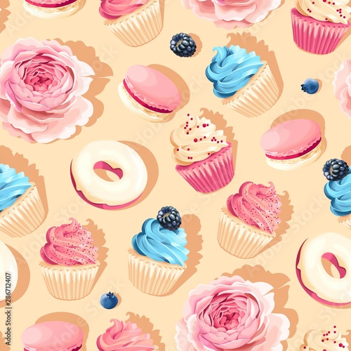 Seamless pastel vector high detail cupcake pattern