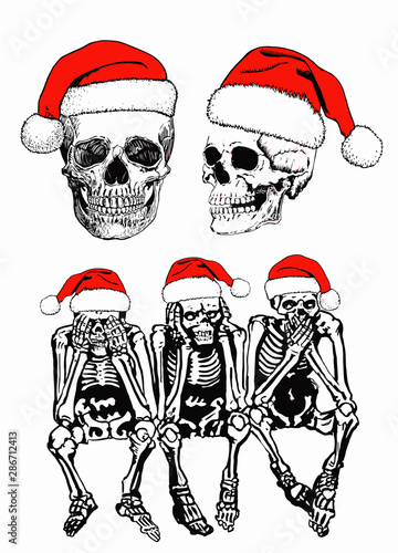 Graphical  set of human skeletons in Santa Claus hat isolated on white, vector new year illustration