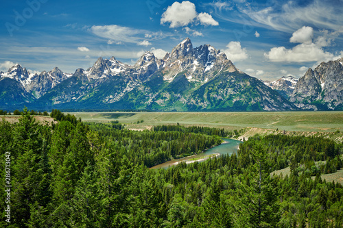 The Grand Teton mountains with the Sanke River, Wyoming.