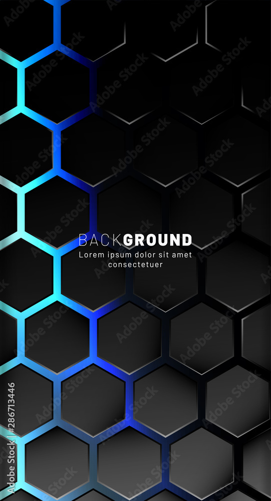Vertical hexagon background. Gradient color light pattern with dark background technology style. Honeycomb. Vector illustration of light. Vertical hexagon background. Gradient color light pattern with dark background technology style. Honeycomb. Vector illustration of light.