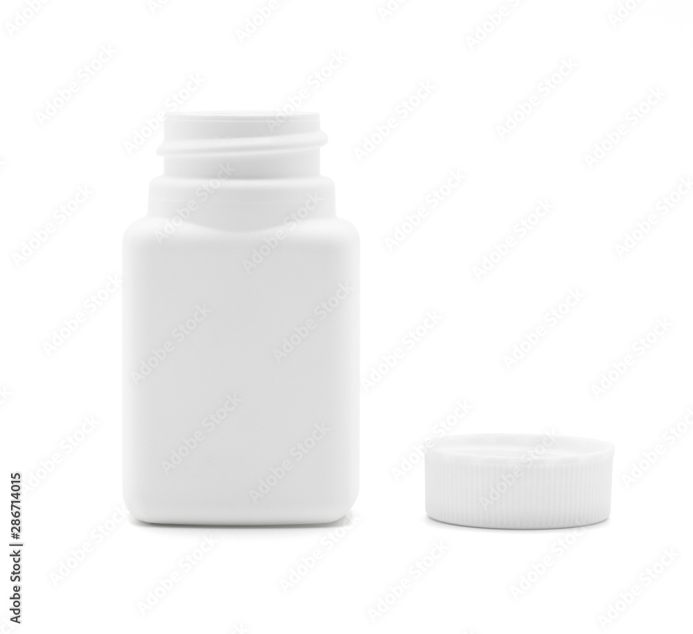 Opened white plastic medicine bottle isolated on white with clipping path. Opened white plastic medicine bottle isolated on white with clipping path.