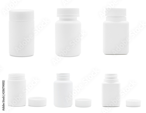 Set of white plastic medicine bottles isolated on white back ground, medical and drug concept.