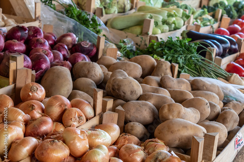 Stand on Small Serbian Farmers Market With Onion, Marrow Squash, Potatoes, Eggplant