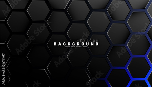 Abstract black hexagon pattern on blue neon background technology style. Honeycomb. Vector illustration