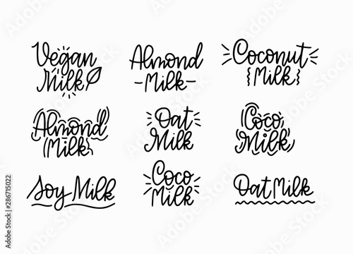 Non-dairy plant based vegan milk alternative lettering designs.