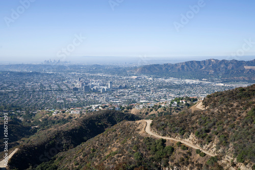 Hilltop view of downtown Glendale and Los Angeles from Verdugo Mountain in Southern California.
