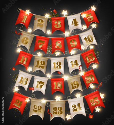 Christmas advent calendar. Flag garlands with number of the day of december, lights, sparkles, confetti, serpentine on the dark background. New Year greeting card.