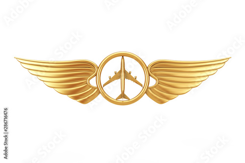 Golden Pilot Wing Emblem, Badge or Logo Symbol. 3d Rendering photo