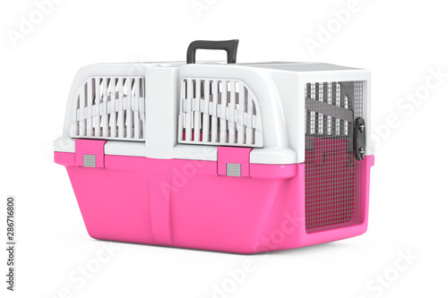 Pink Pet Travel Plastic Cage Carrier Box. 3d Rendering