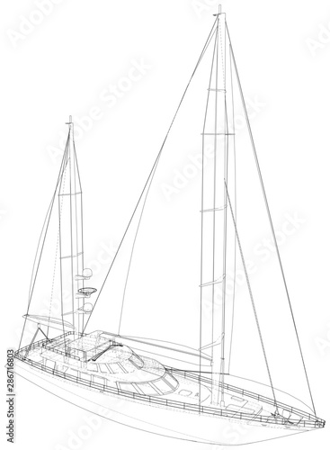 Sailing boat isolated on white. Technical wire-frame. Vector rendering of 3d.