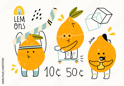 Hand drawn cute anthropomorphic lemons doing various stuff. Funny vector illustration for kids. Colored trendy set. Cartoon style. Perfect for lemonade market decoration. All elements are isolated