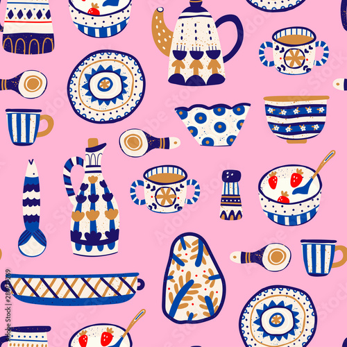 Various ceramics, pottery. Dishes, pot, cup, mug, spoon, plate, jug, bowl. Ethnic ornament. Hand drawn vector seamless pattern. Colored trendy illustration. Flat design. Pink background