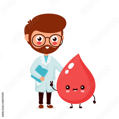 Cute funny smiling doctor and happy blood drop