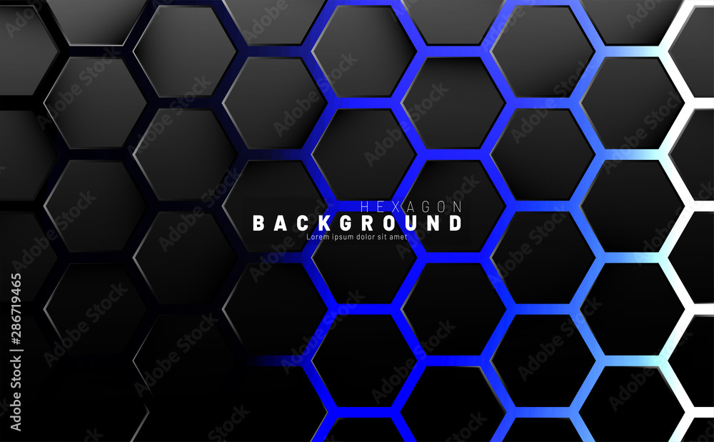 Abstract black hexagon pattern on blue neon background technology style. Honeycomb. Vector illustration Abstract black hexagon pattern on blue neon background technology style. Honeycomb. Vector illustration