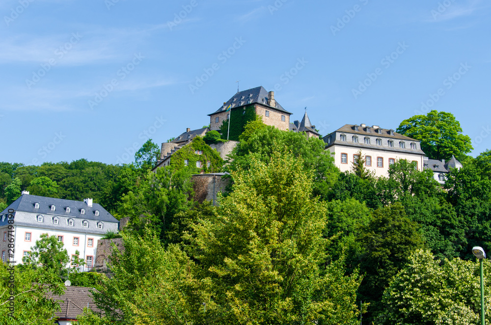 Fototapeta premium Blankenheim Castle (German: Burg Blankenheim) is a schloss above the village of Blankenheim in the Eifel mountains of Germany.
