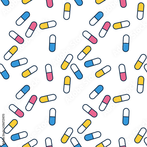 Pills of yellow, red, and blue colors on white background, seamless vector pattern illustration.