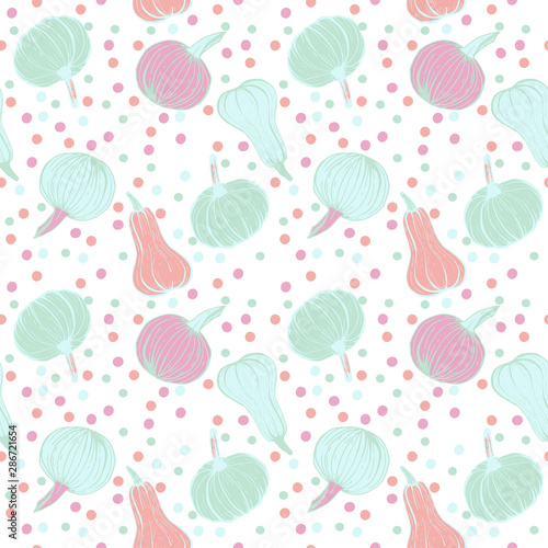 Pastel hand drawn pumpkins with confetti on white background, vector seamless pattern.