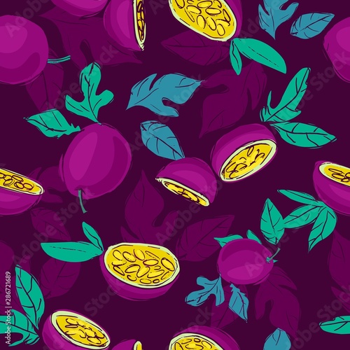 Hand drawn passion fruit pattern seamless. Trend design textile