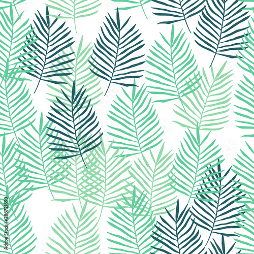 Simple seamless pattern of green tropical palm leaves, hand drawn vector illustration on white background.