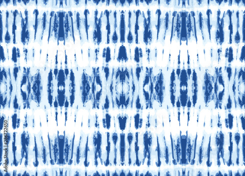 Monochrome Indigo Bright Tie-Dye Shibori Mirrored Vertical Stripes on White Background Vector Seamless Pattern