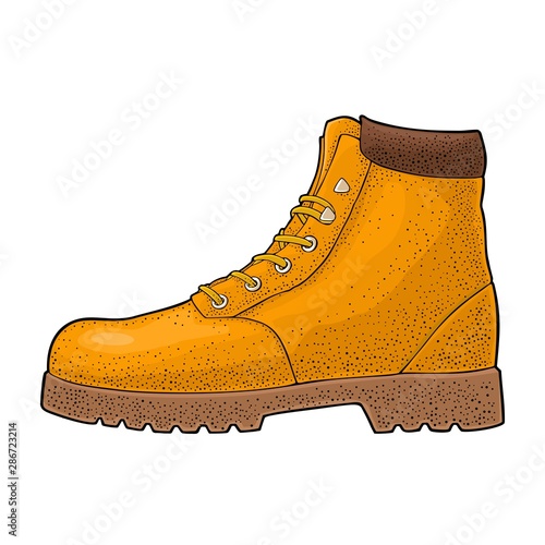 Leather outdoor boot for tourist. Vector vintage engraving