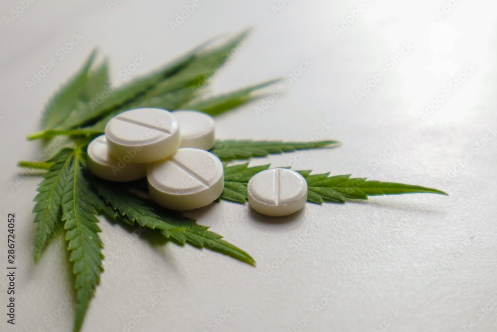 Green hemp leaves and tablets on light background. Green hemp leaves and tablets on light background.