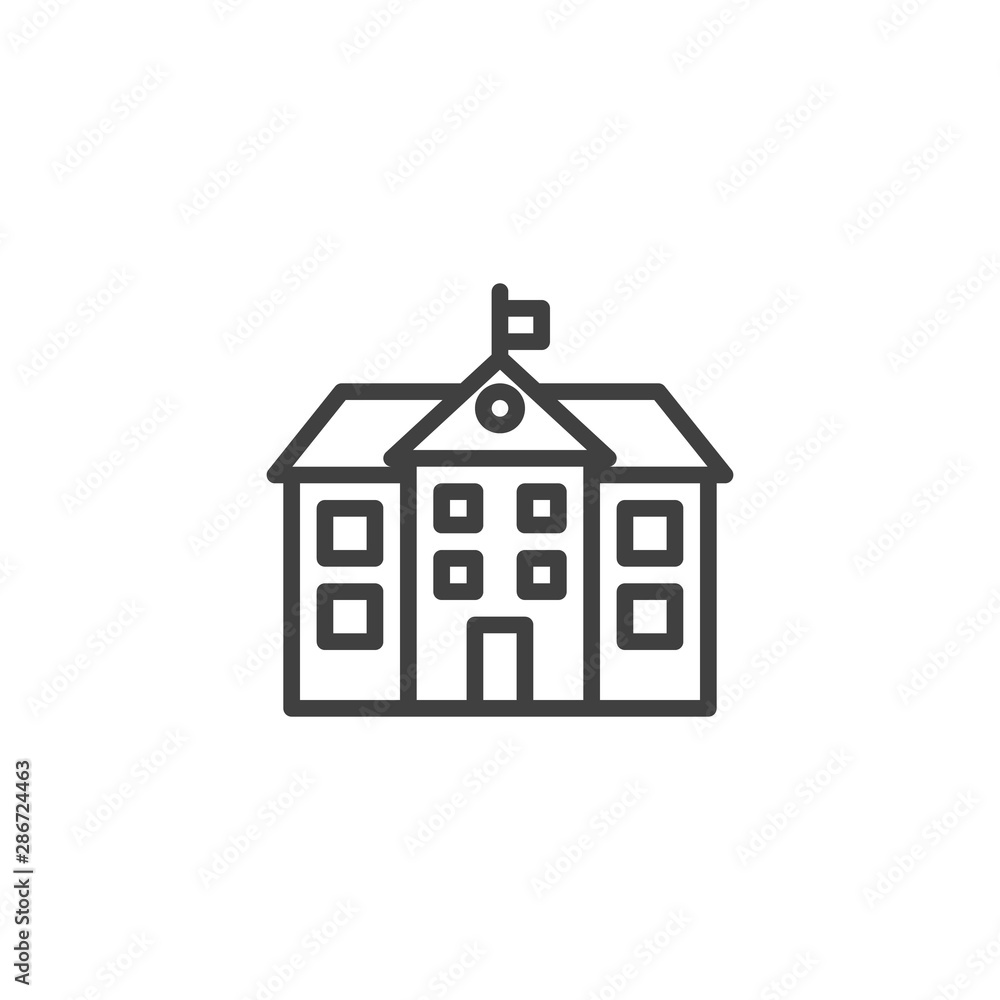 School building line icon. linear style sign for mobile concept and web design. College building with flag outline vector icon. Symbol, logo illustration. Vector graphics