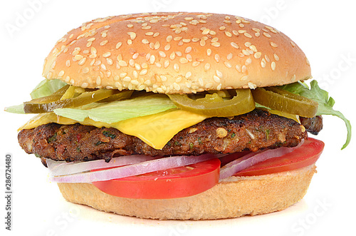 Spicy beef salad and cheese burger isolated