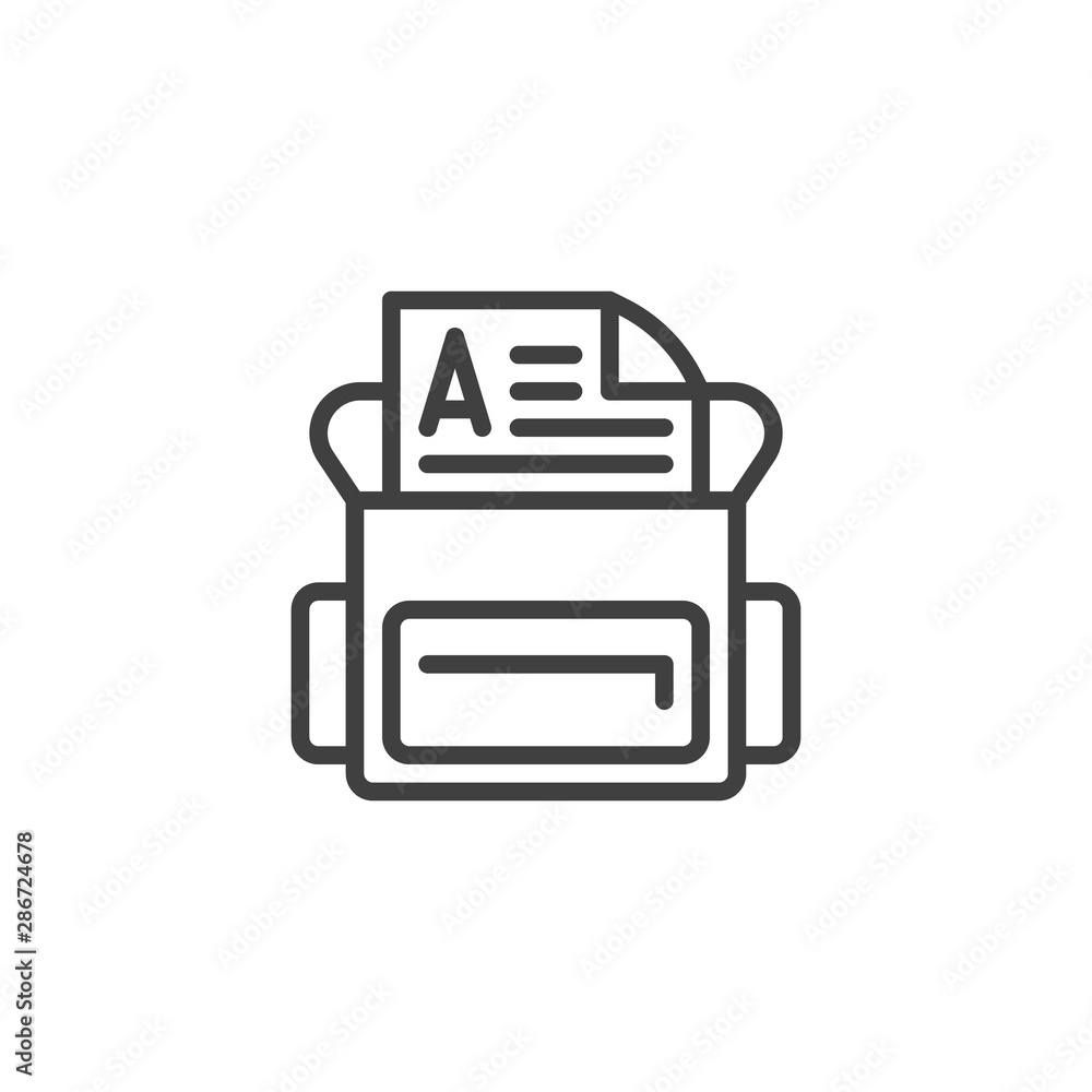 School bag with test result line icon. linear style sign for mobile concept and web design. Grade result A outline vector icon. Symbol, logo illustration. Vector graphics School bag with test result line icon. linear style sign for mobile concept and web design. Grade result A outline vector icon. Symbol, logo illustration. Vector graphics