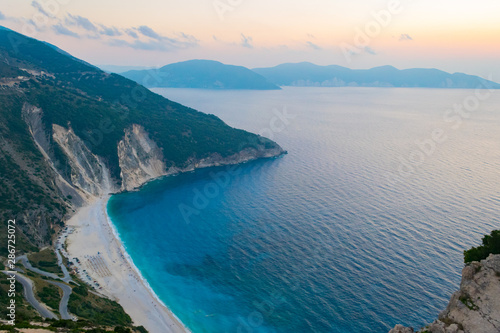  Aerial view of Myrtos beach in Kefalonia ionian island in Greece during summer