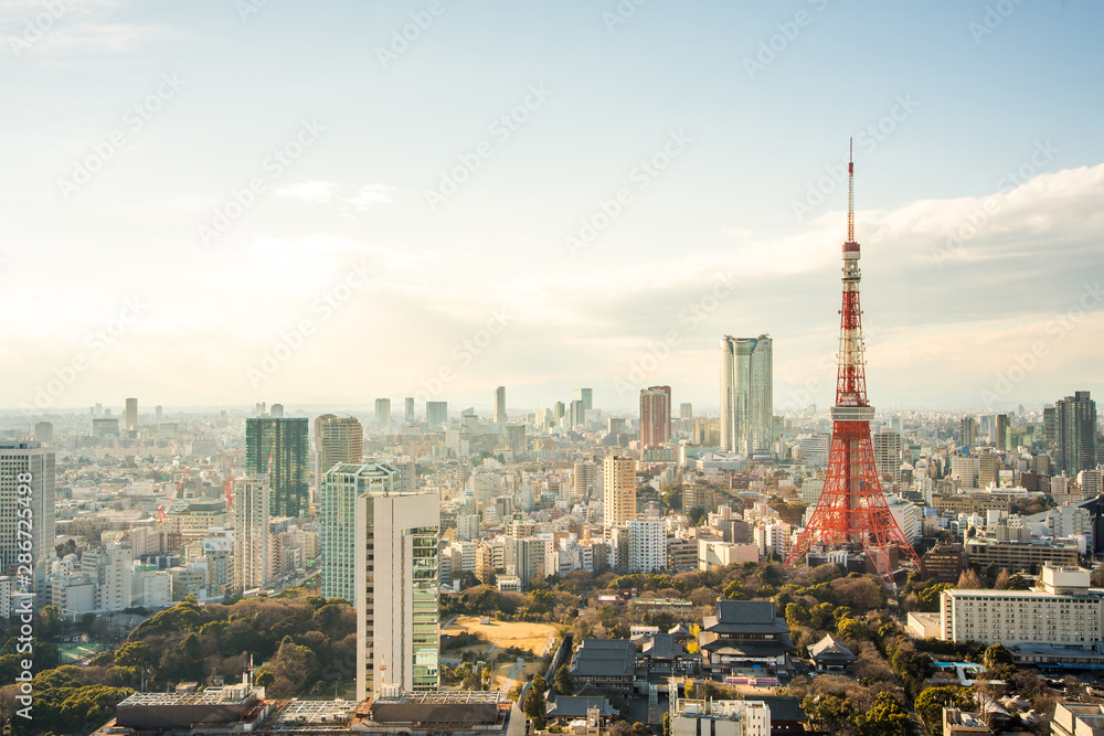 panorama view of Business concept for real estate and corporate construction - Tokyo tower, landmark of Japan
