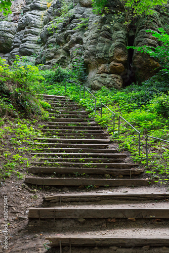 stairs and rock in public park called Schlosspark in Bad Bentheim  Germany