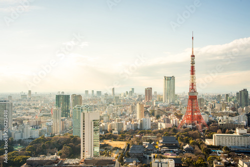 panorama view of Business concept for real estate and corporate construction - Tokyo tower, landmark of Japan