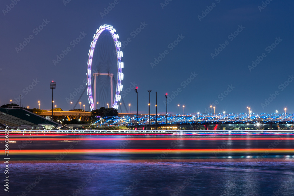 Night view of the marina bay with the giant ferris wheel.