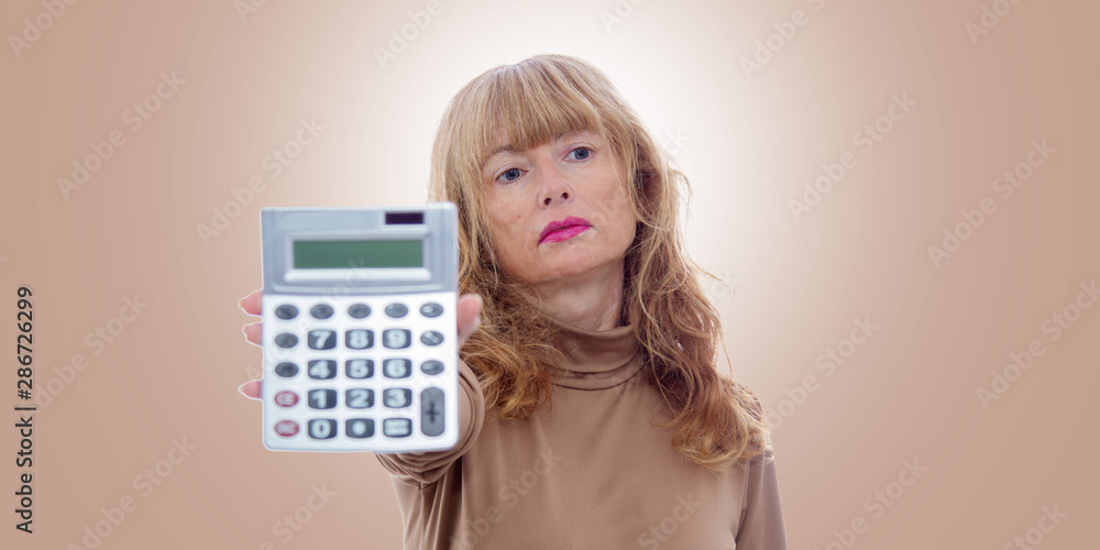 adult woman with calculator isolated on background adult woman with calculator isolated on background