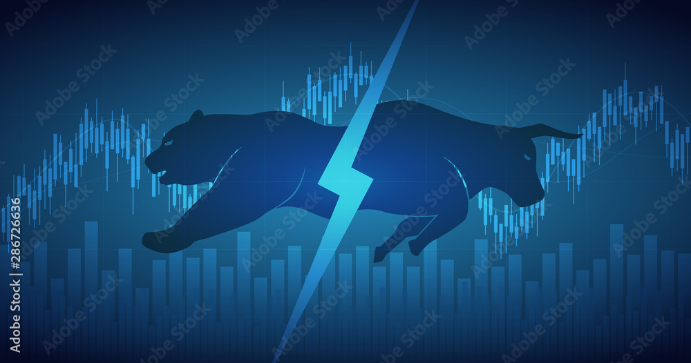 Naklejka premium Abstract financial chart with bulls and bear in stock market on blue color background