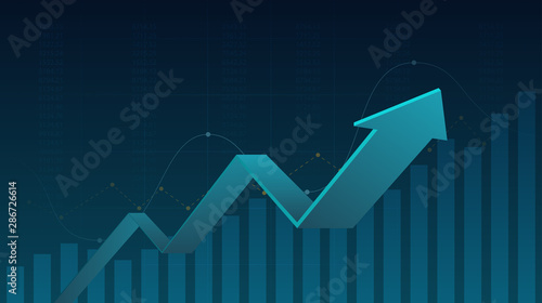 Abstract financial graph with uptrend line graph and arrows in stock market on blue color background