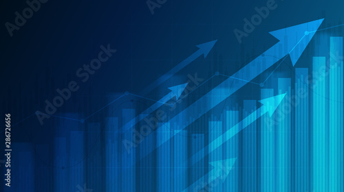 Fotografia, Obraz Abstract financial graph with uptrend line and arrows in stock market on blue co
